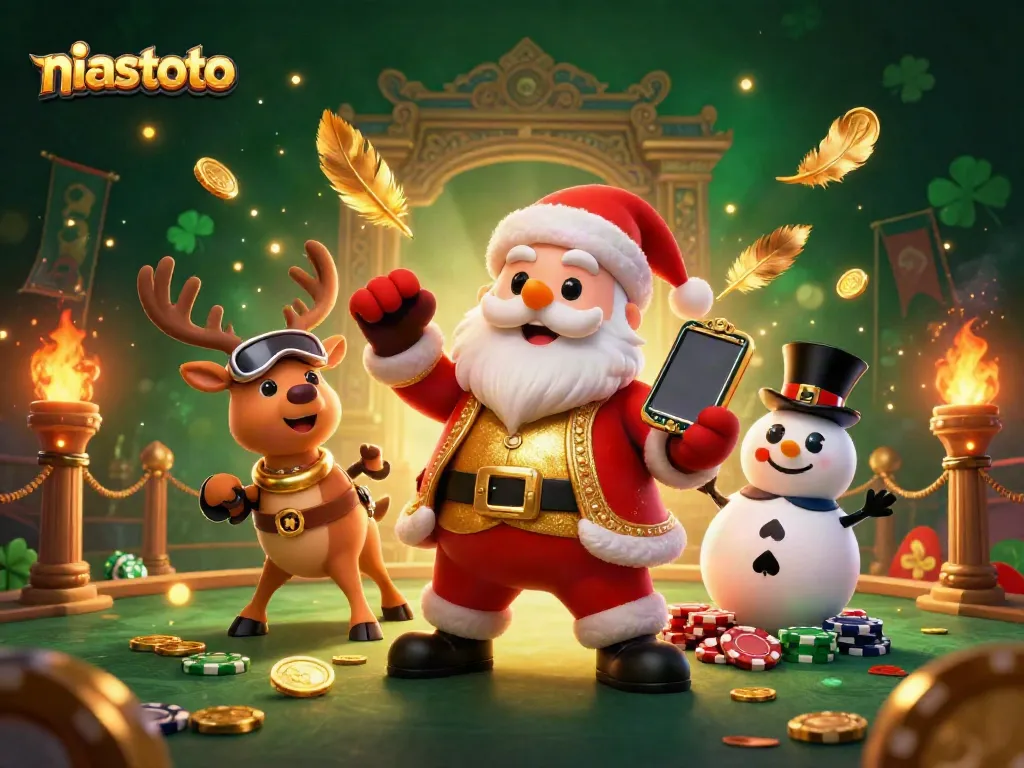 Menangkan jackpot dengan niastoto di kasino online, dikelilingi karakter ceria dan elemen menarik.