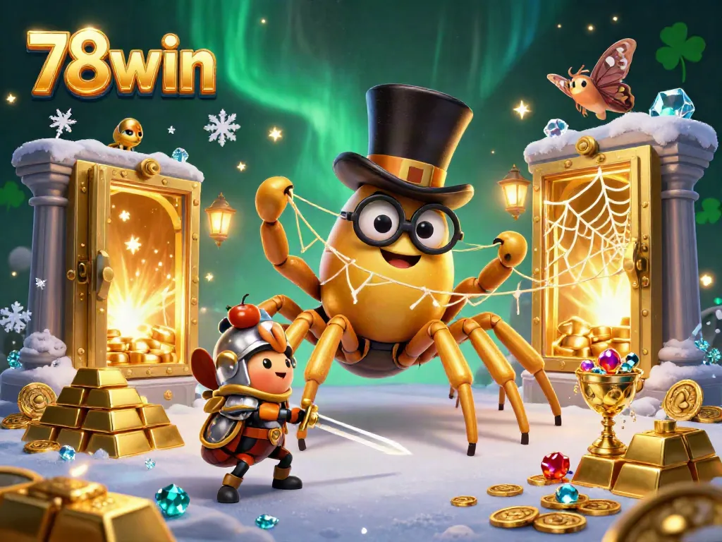 Engage with the lively scene of a golden tarantula and beetle knight at 78win's casino, showcasing treasures and gaming excitement.