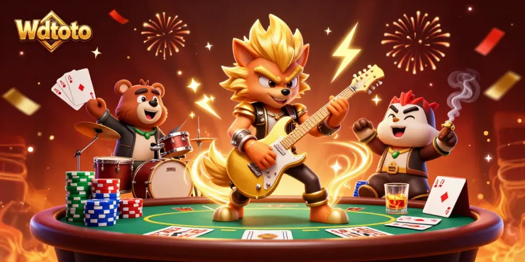 Wdtoto menampilkan kasino dengan permainan poker dan karakter menarik di atas panggung.