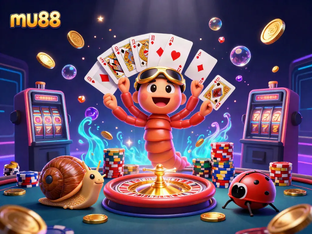 Experience thrilling gameplay at mu88 with a lively cartoon illustration showcasing a millipede dealer and high-roller characters.
