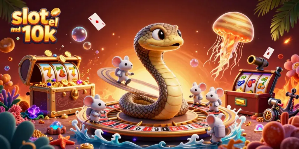 Slot modal 10k: Ilustrasi menarik dengan ular Saturnus dan astronaut taruhan.