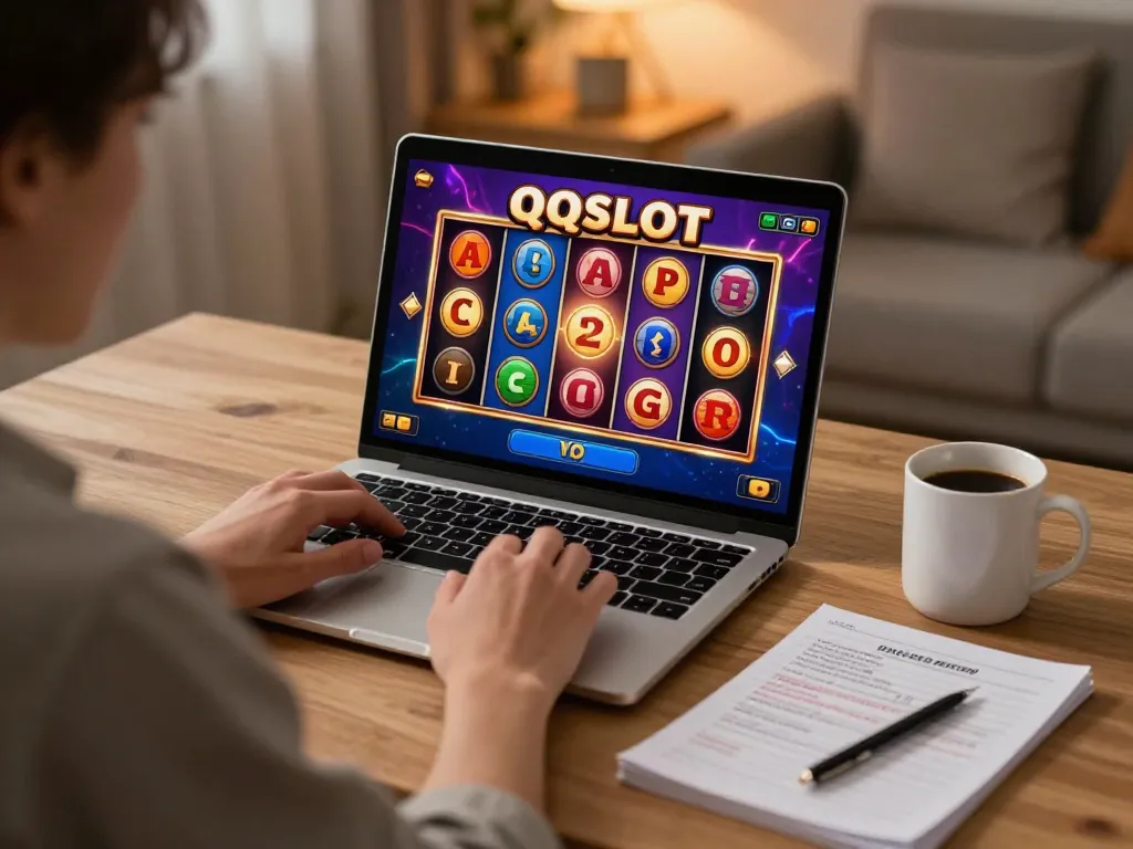 Engaged player enjoying thrilling QQSLOT online gaming session at home.