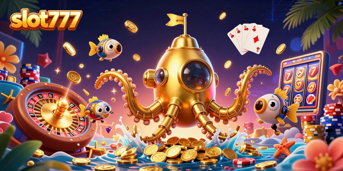 Permainan slot777 yang mengasyikkan dengan mesin slot dan tumpukan koin emas.