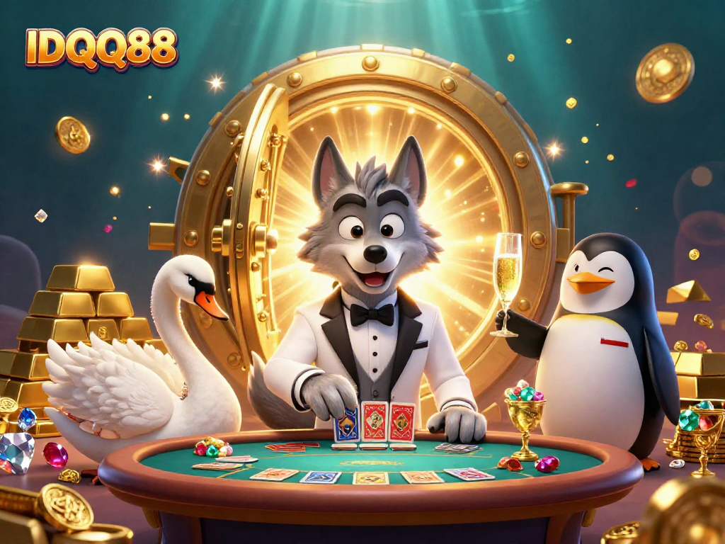 Experience the thrill of IDQQ88 with a sophisticated wolf, swan, and penguin enjoying casino elements