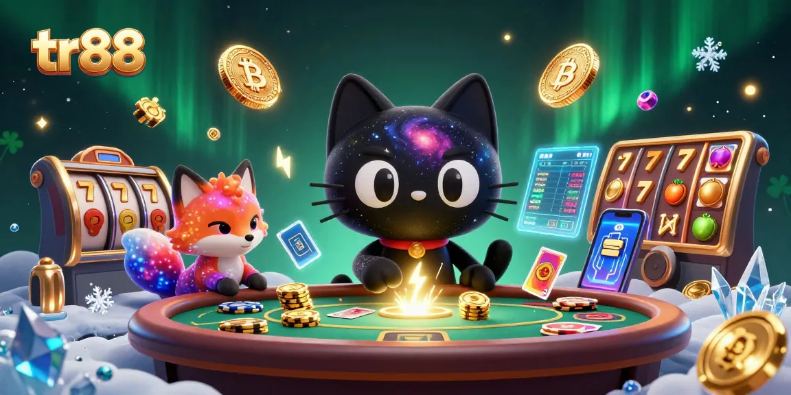 tr88 celebrates gaming with cosmic characters manipulating golden chips and digital currencies