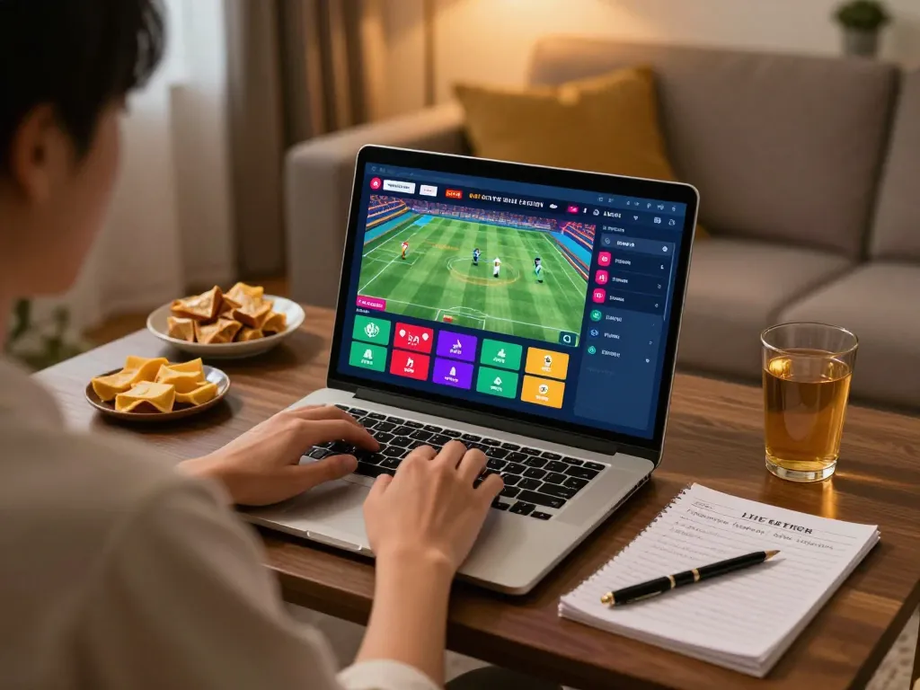 PHTAYA sports betting interface displayed on a laptop in a cozy living room setting, showcasing excitement and strategy.