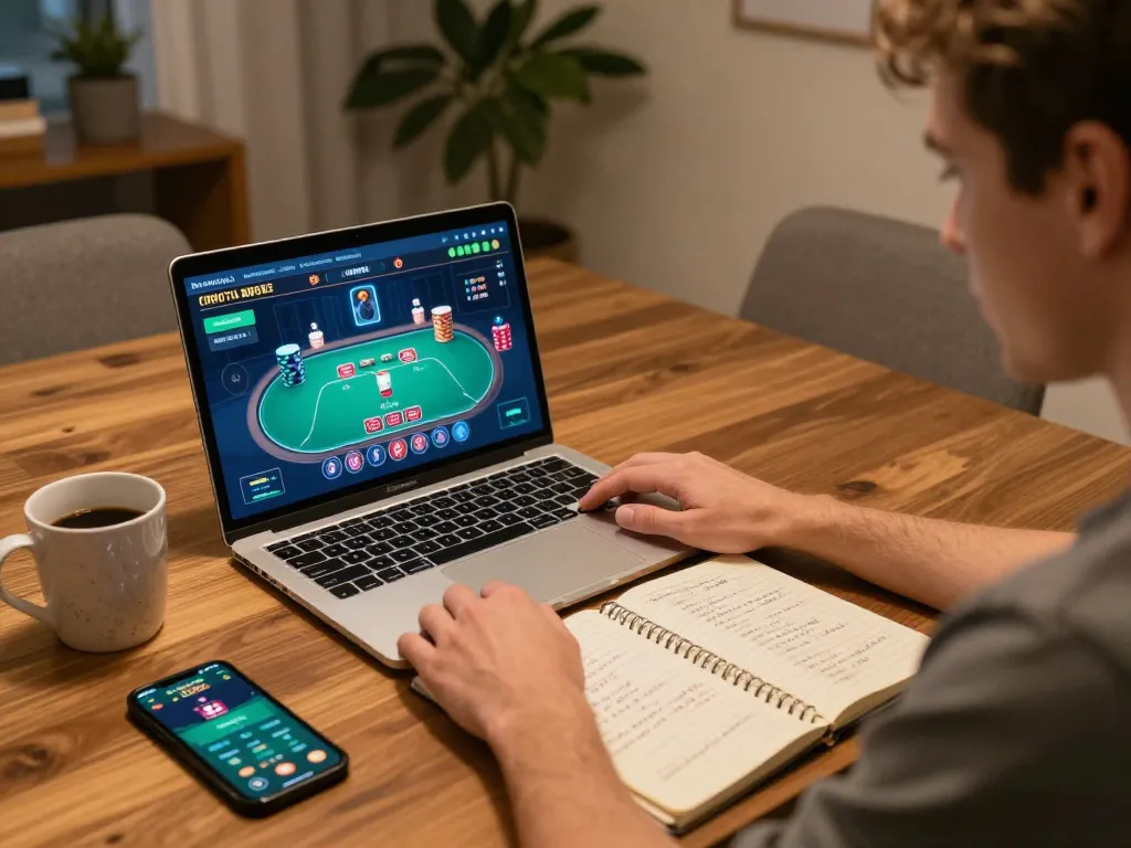 LGO99 player analyzing poker strategy at home, using laptop and notebook in cozy setting.