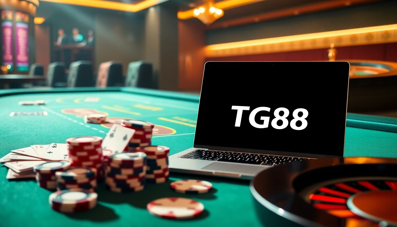 Experience the excitement of online gambling with the tg88 link highlighted on an elegant casino table surrounded by poker chips.