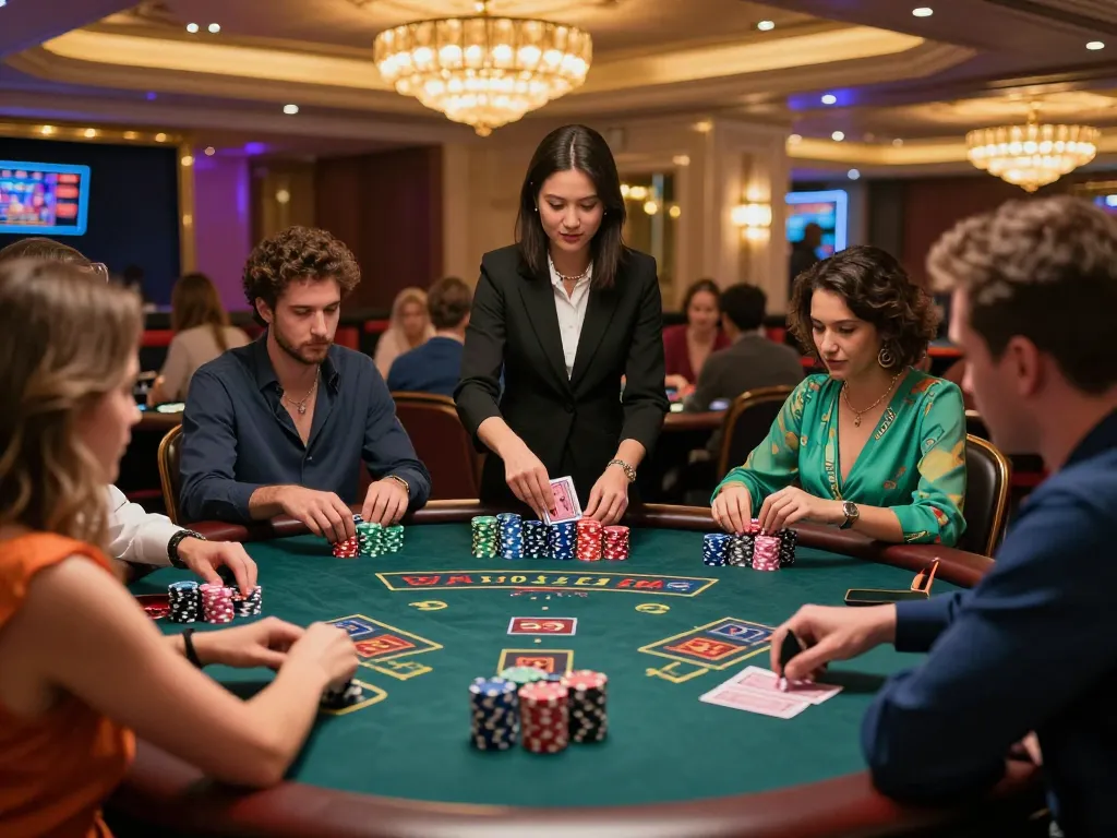 Pemain yang terlibat di meja blackjack selama permainan dengan taruhan tinggi di kasino, menunjukkan strategi daftar deluna4d.