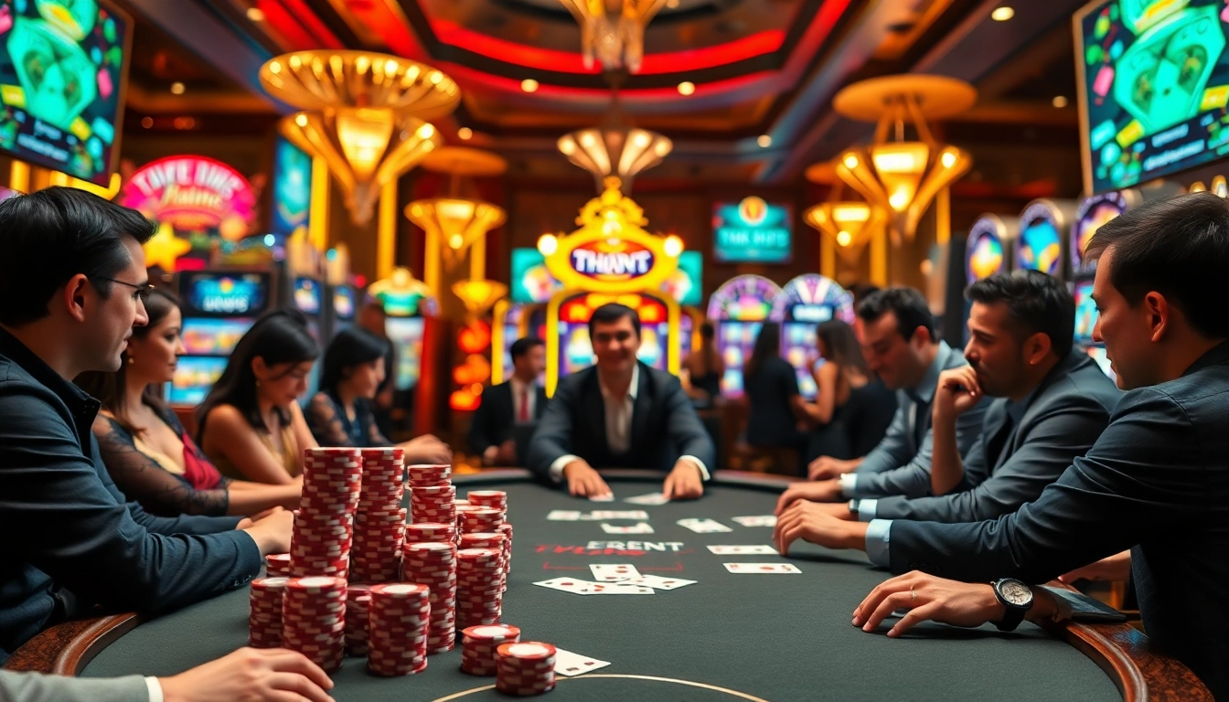 Players engaging in a thrilling poker game at thabet777 casino with vibrant ambiance.