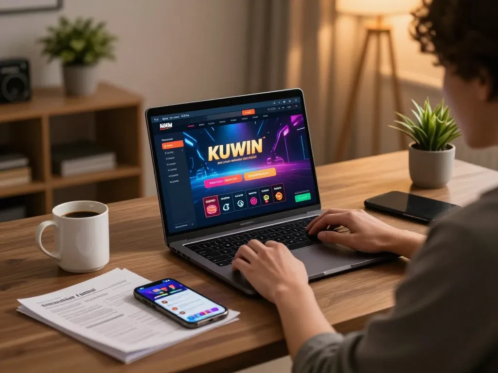 Kuwin online casino gaming scene with a player engaged on a laptop, showcasing dynamic action and comfortable setting.