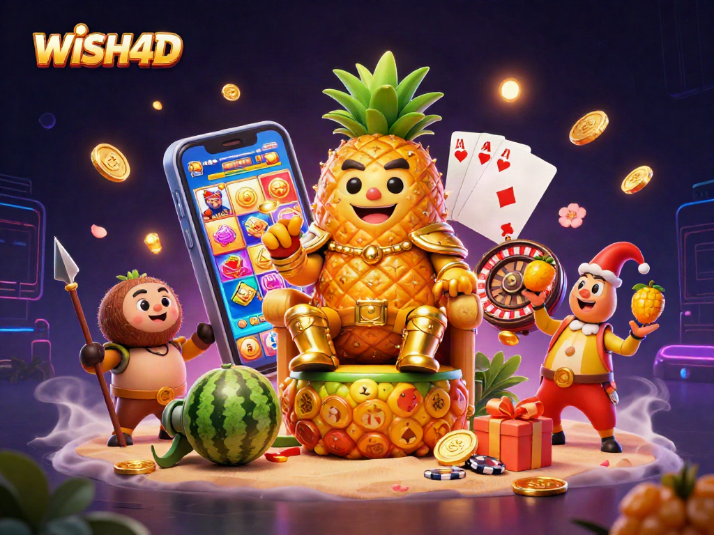 WISH4D showcases an exciting casino scene with a golden pineapple king and vibrant gameplay elements.