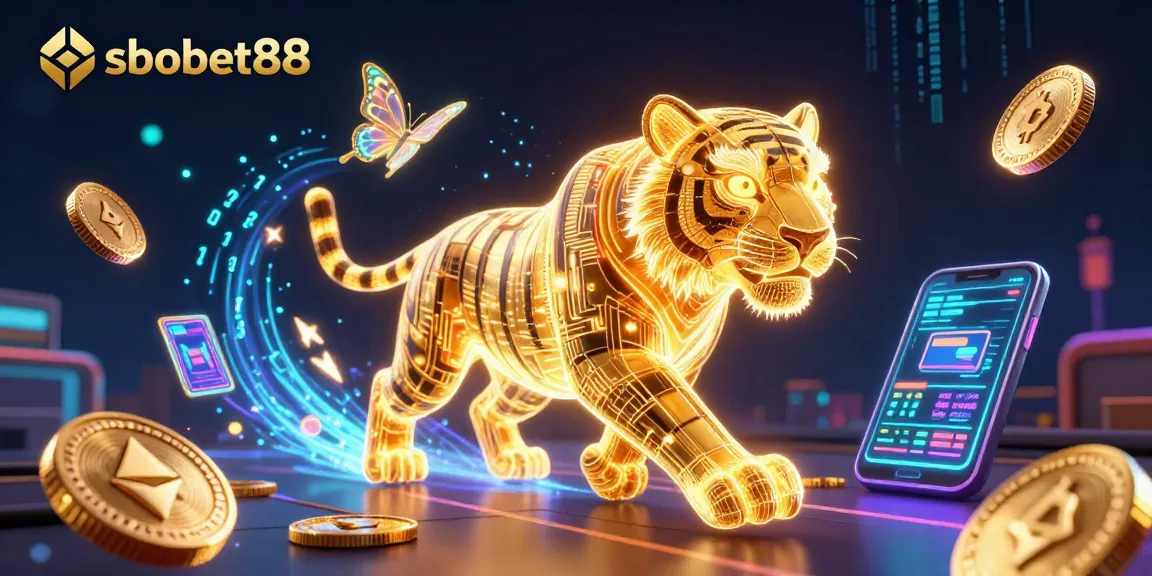 Experience sbobet88 with an electrifying digital casino scene featuring a golden tiger and cryptocurrency elements.