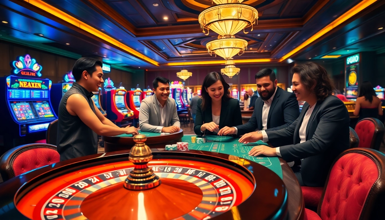 Players experiencing excitement at a casino with gilajp-related themes, joyful interactions, and vibrant games.