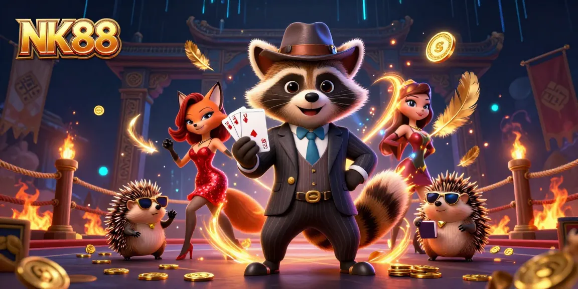 Experience thrilling wins at NK88 with a raccoon holding a royal flush in a vibrant casino scene.