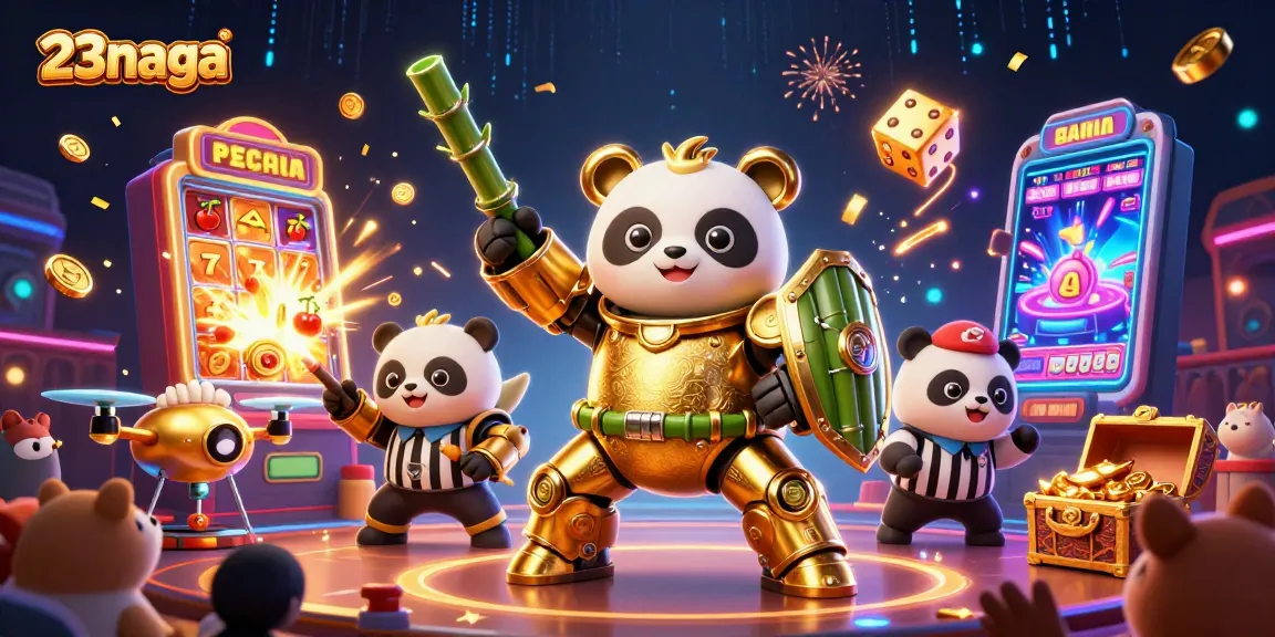 Permainan kasino yang mengasyikkan 23naga dengan panda emas dan robot tempur di arena penuh koin.