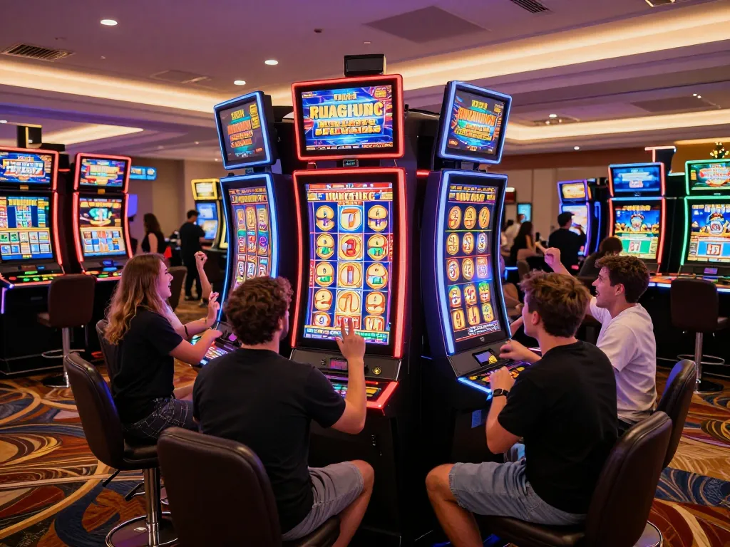 Players enjoying slots at jangkar55 casino, showcasing excitement and vibrant digital displays.