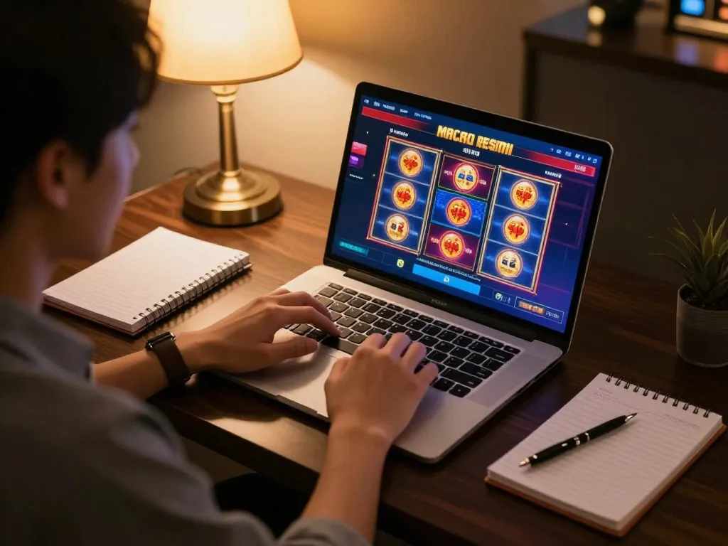 Engaging scene of a player enjoying slot macau resmi on a laptop, showcasing responsible gaming strategies and cozy setup