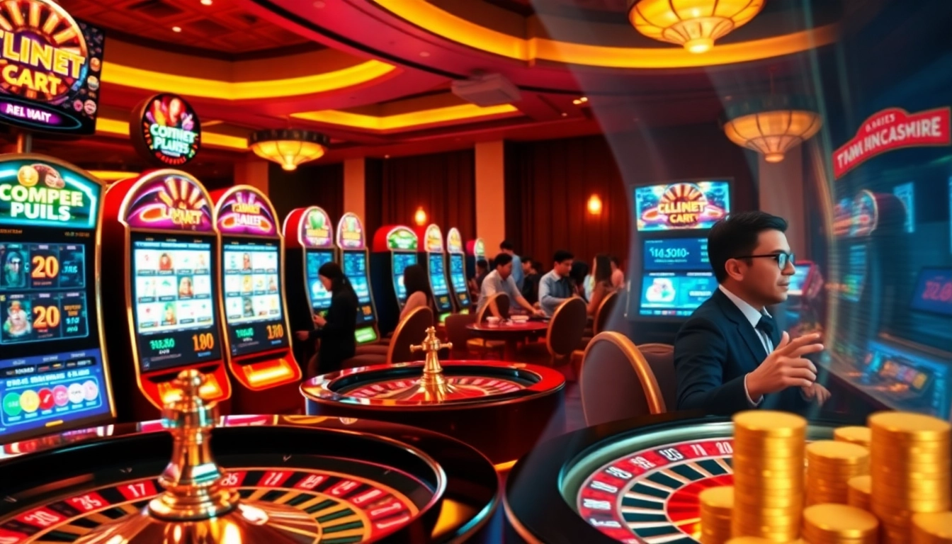 Berlian888 players enjoying a luxurious casino experience, aiming for jackpots at vibrant slot machines.