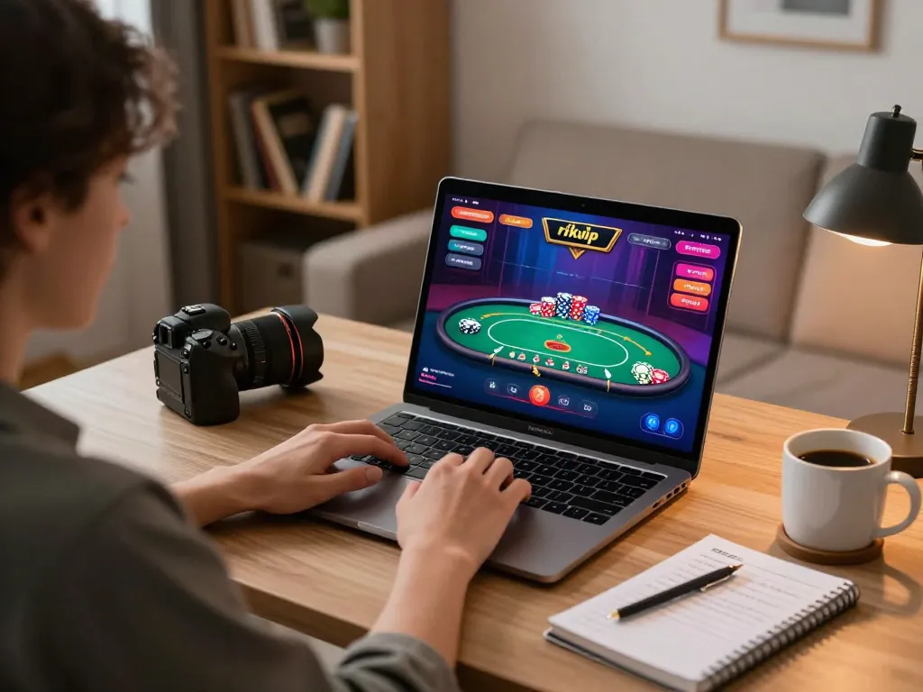 Engaging online gambling experience with rikvip platform, player enjoying poker at home
