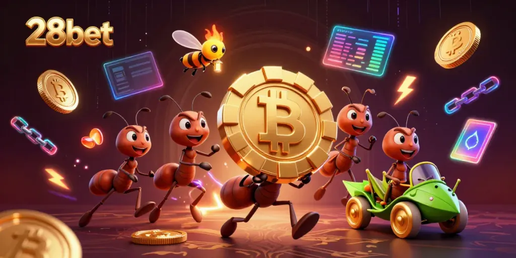 Experience the excitement of 28bet with this vivid heist scene featuring animated characters and cryptocurrency elements.