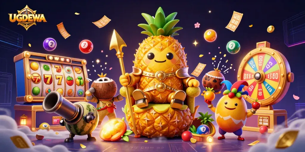 Experience the vibrant casino world of UGDEWA with colorful slots, lively characters, and thrilling actions.