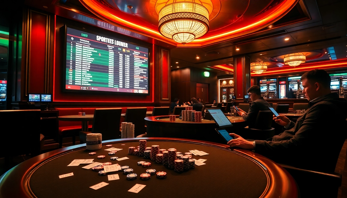 Betting on tỷ lệ bóng đá hôm nay amidst a luxurious casino environment filled with odds displays and poker chips.