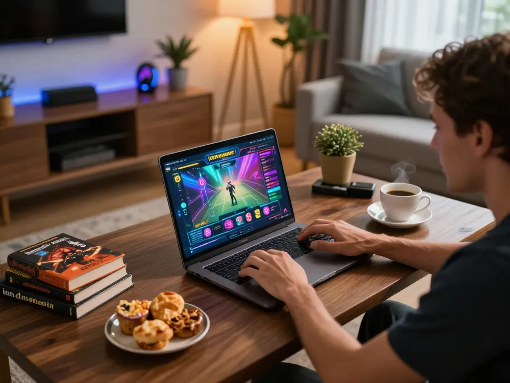 Engaged player exploring VSBET's online casino games on a laptop in a stylish home environment