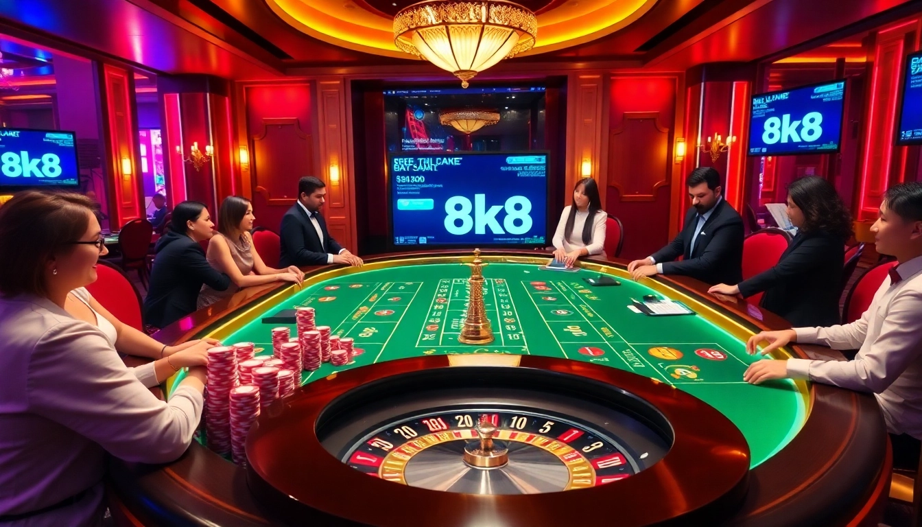 Experience excitement at 8k8 with a vibrant casino scene showcasing luxury gaming elements.