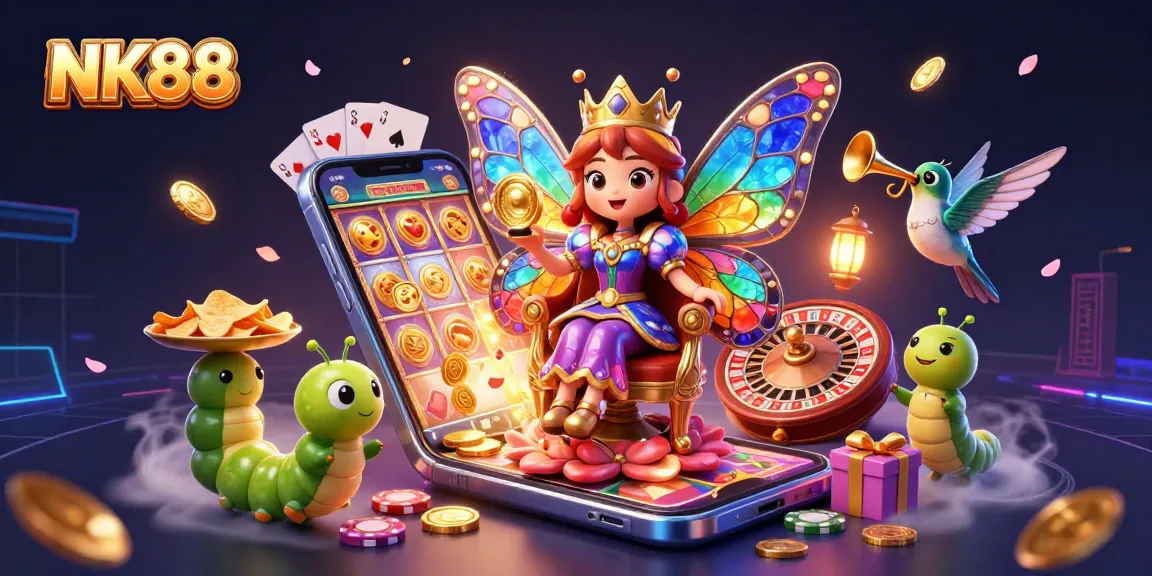 Experience NK88's vibrant casino scene with a butterfly queen, golden chips, and thrilling games.