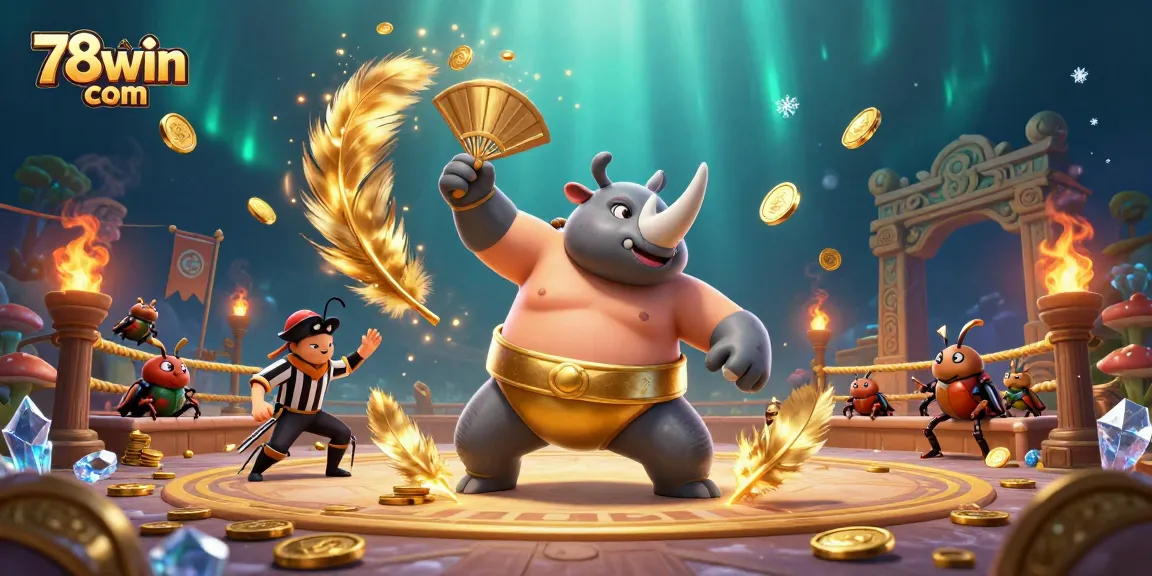 Experience thrilling moments at 78win com with a vibrant, dynamic 3D illustration of a sumo beetle champion.
