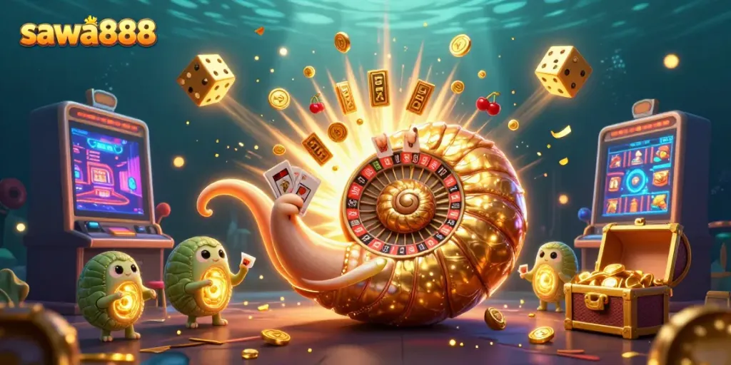 Experience the excitement of sawa888 with a vibrant 3D casino scene featuring a giant nautilus and dazzling jackpots.
