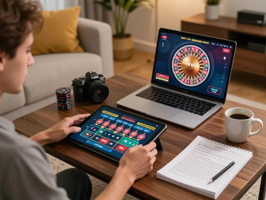 Player enjoying an online game at home with 789bet, showcasing a tablet displaying live roulette.