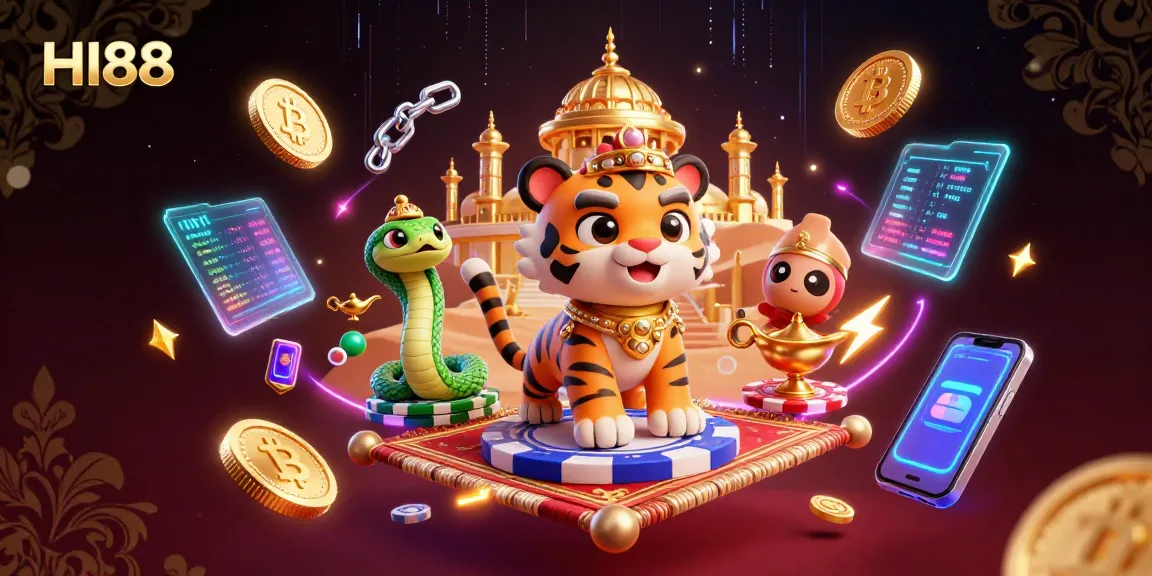 Experience the enchanting HI88 casino adventure with a vibrant 3D illustration of a tiger sultan.