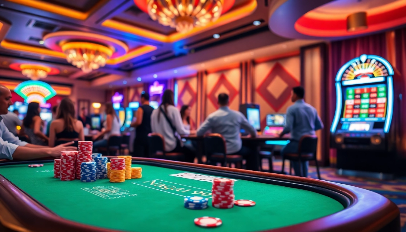 Naga99 exhilarating poker table action with colorful chips and cards in a vibrant casino ambiance.