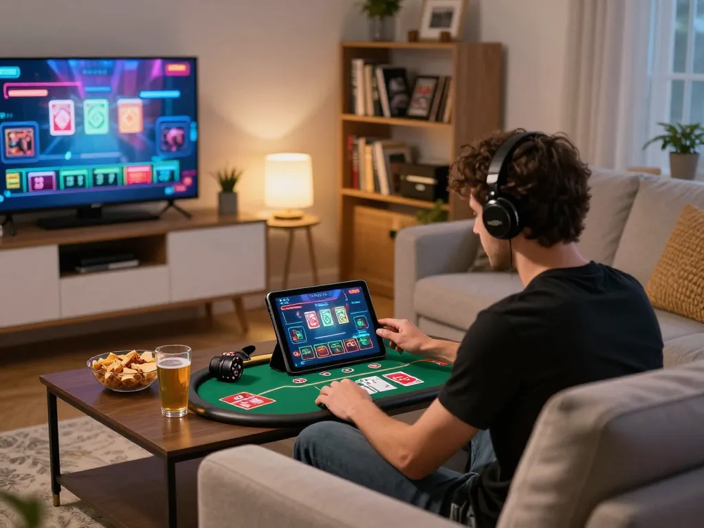 Engaging in GAME ONLINE poker session via tablet in a cozy home environment, showcasing responsible gaming.