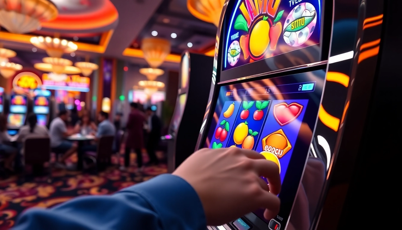 Memenangkan permainan jamu slot dengan mesin penuh warna dan suasana kasino yang hidup.
