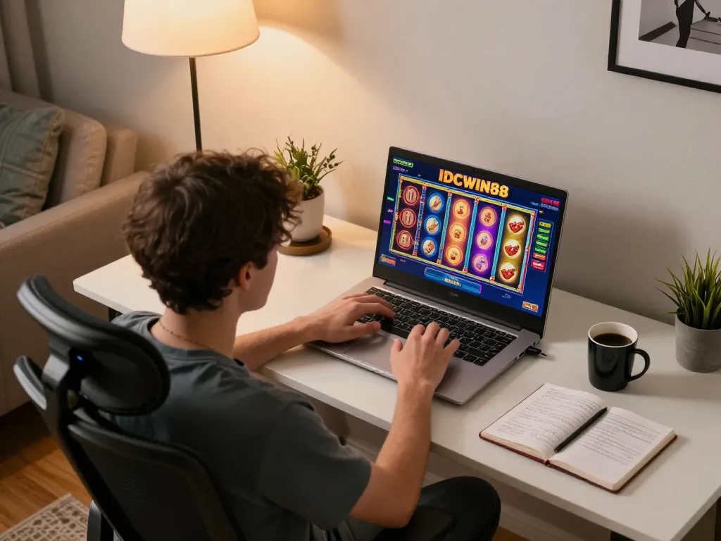 Player enjoying IDCWIN88 slots on a laptop in a cozy home office, showcasing vibrant reels and strategic notes