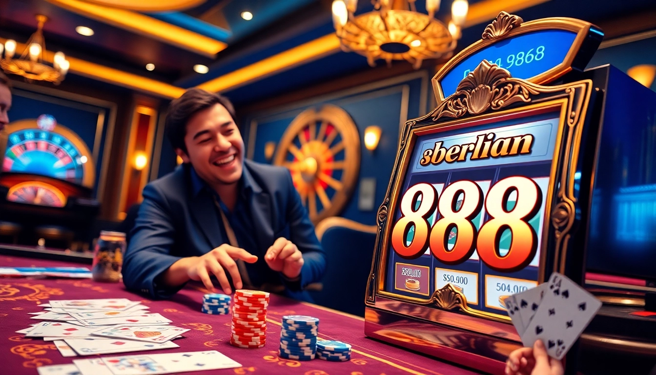 Experience thrilling gameplay at berlian 888 with vibrant casino elements like slots and poker chips.