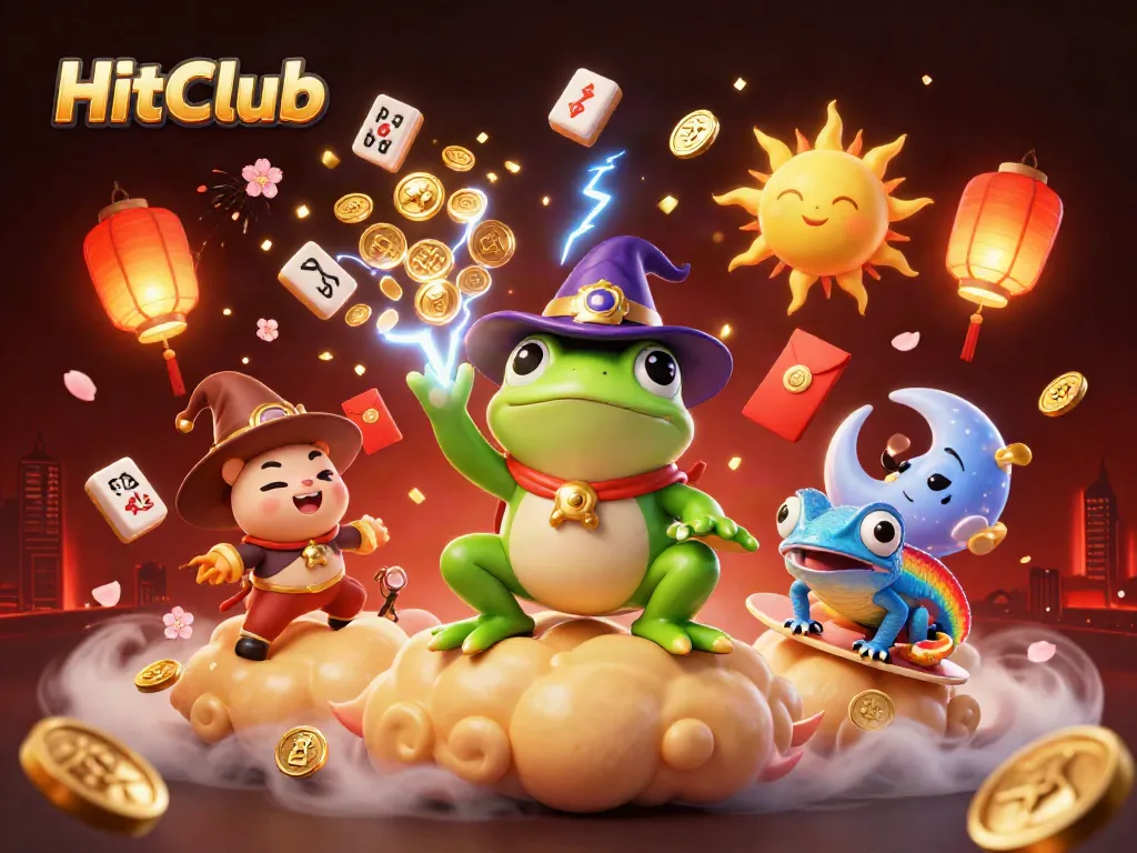 Experience winning at HitClub with a vibrant scene featuring a wizard frog and chameleon amid golden coins and festive elements.