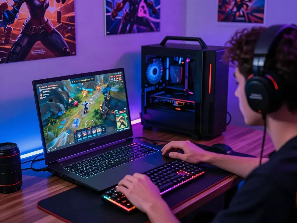 Situs bento4d gaming setup with laptop displaying vibrant game graphics and accessories in an immersive environment.