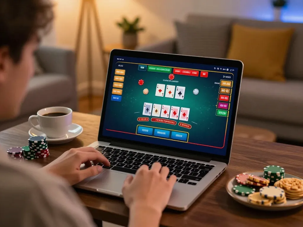 VA88 player analyzing blackjack strategy on laptop while enjoying a cozy home setup