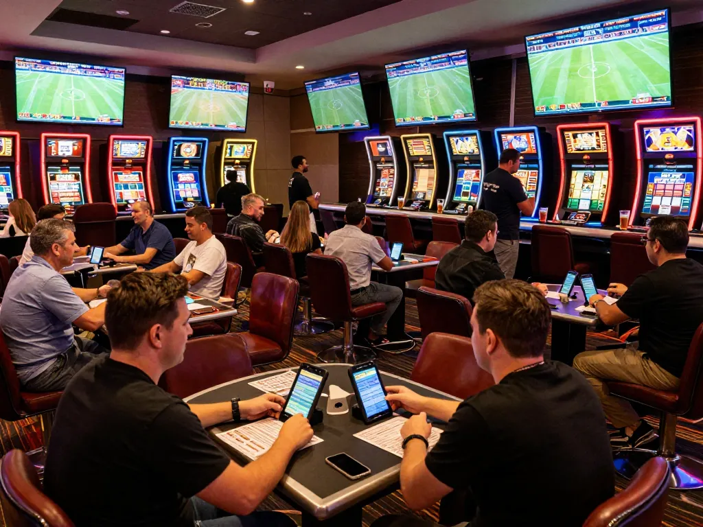 Tỷ lệ kèo nhà cái in action as bettors engage in live sports betting at a modern casino lounge.