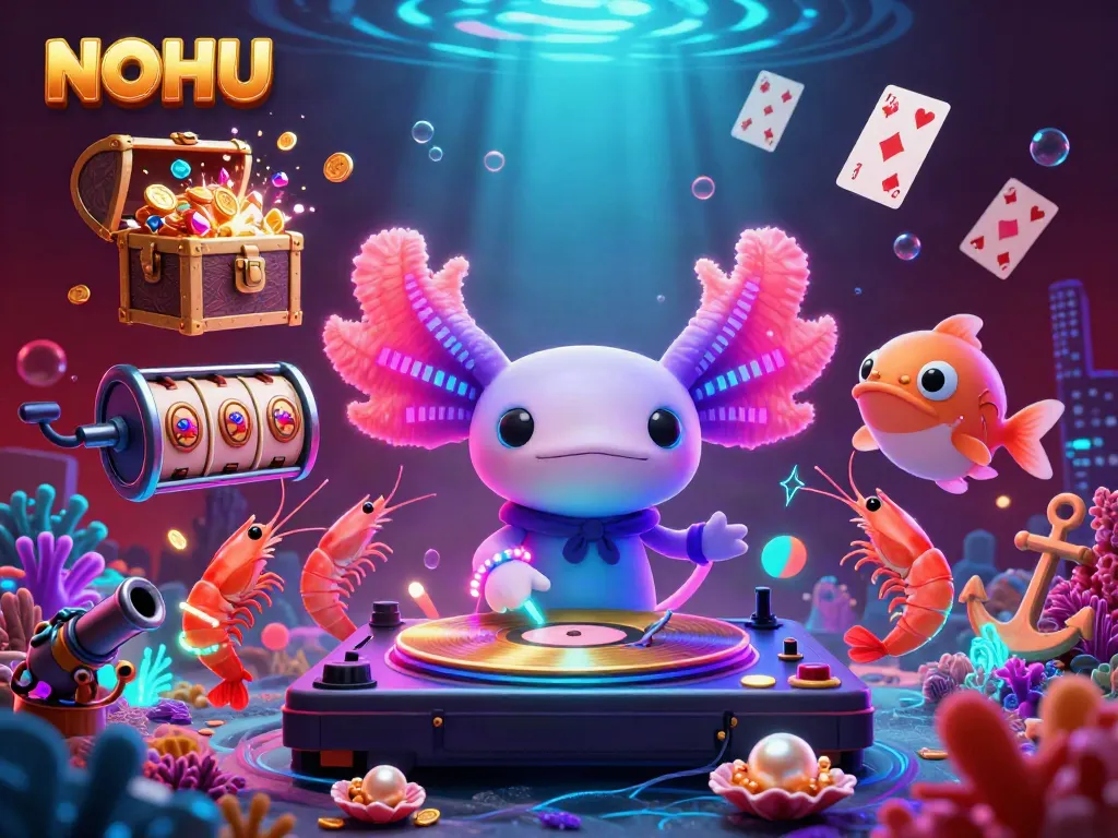 Engage in the thrilling world of NOHU, featuring vibrant characters among slot reels and underwater treasures.