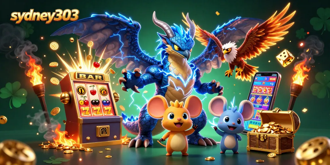 Gambar promosi sydney303 menampilkan naga petir dan elemen mesin slot yang menarik.