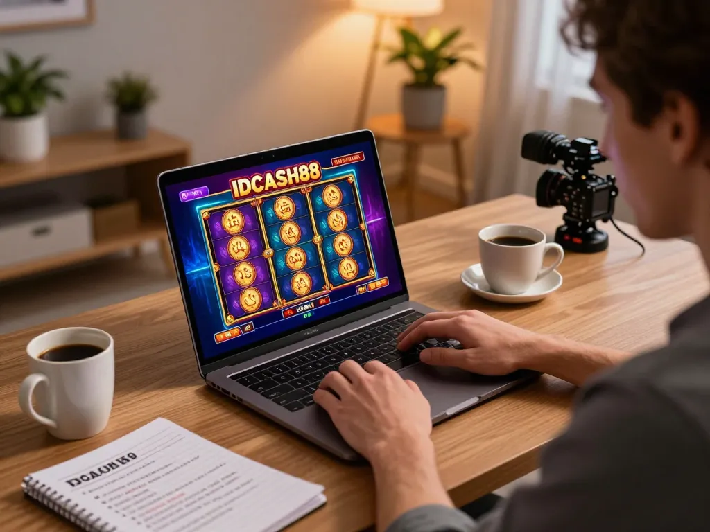 IDCASH88 player focusing on online slot games in a stylish home setup, showcasing responsible gaming.