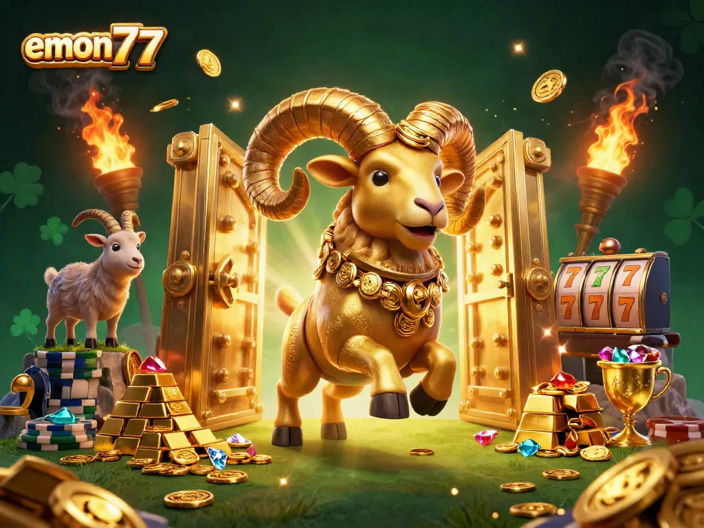 Experience unmatched excitement at emon77 with golden ram and slot themes in a vibrant casino scene.