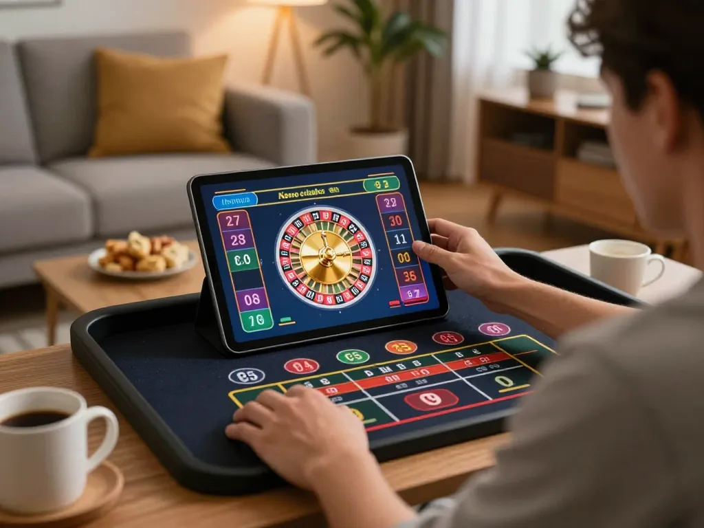 Engaged player betting on a digital roulette game at home with nhà cái kong88, showcasing strategic gameplay.