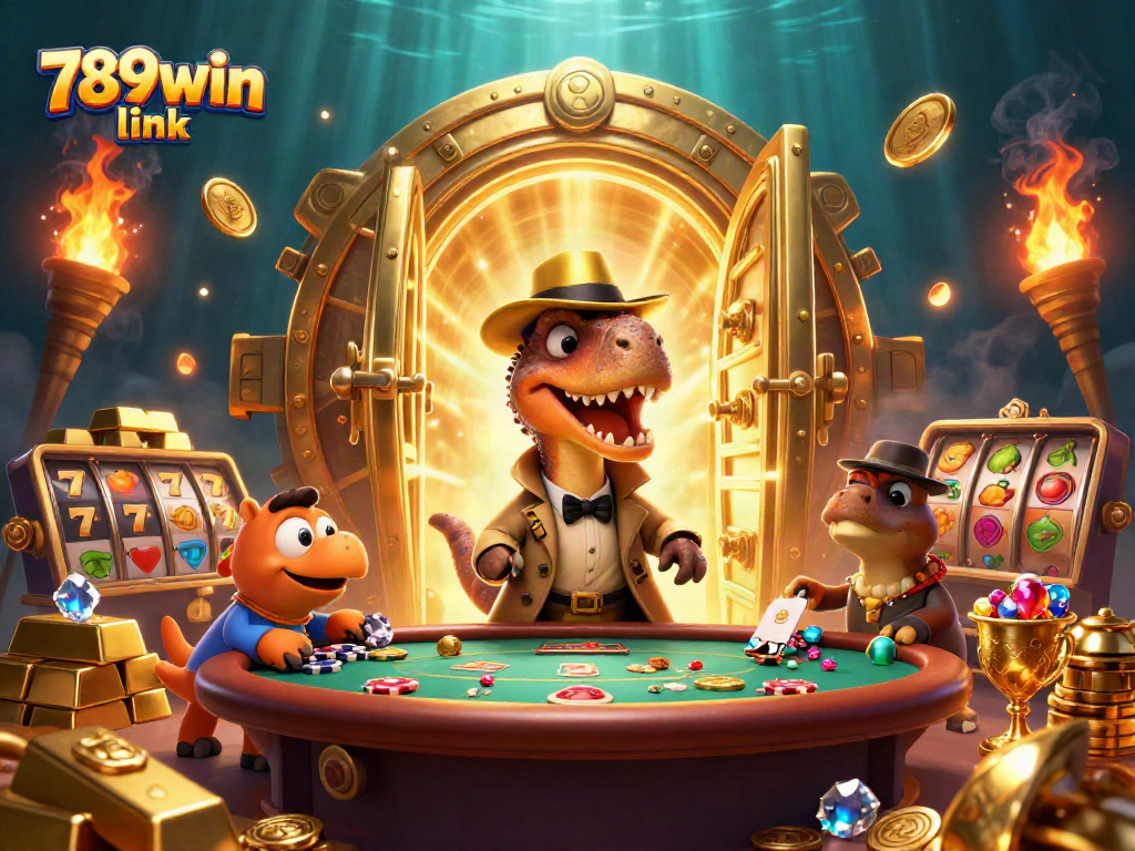 Experience the thrill of the 789win link with cartoon dinosaurs in a vibrant casino scene.