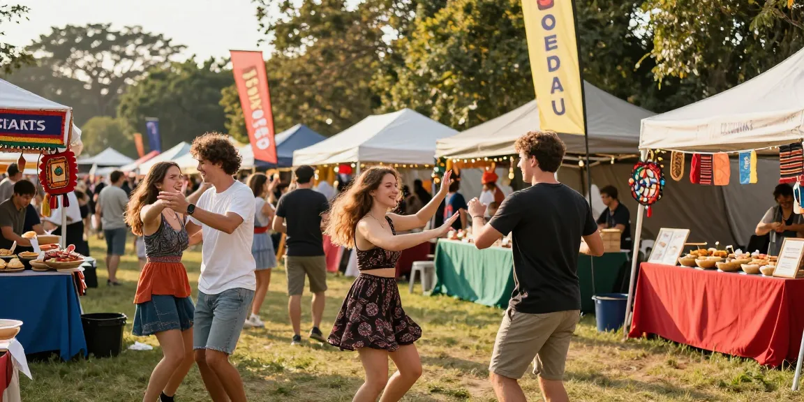 Acara festival outdoor ceria menunjukkan ligagalaxy dengan teman-teman menikmati makanan lokal dan aktivitas.